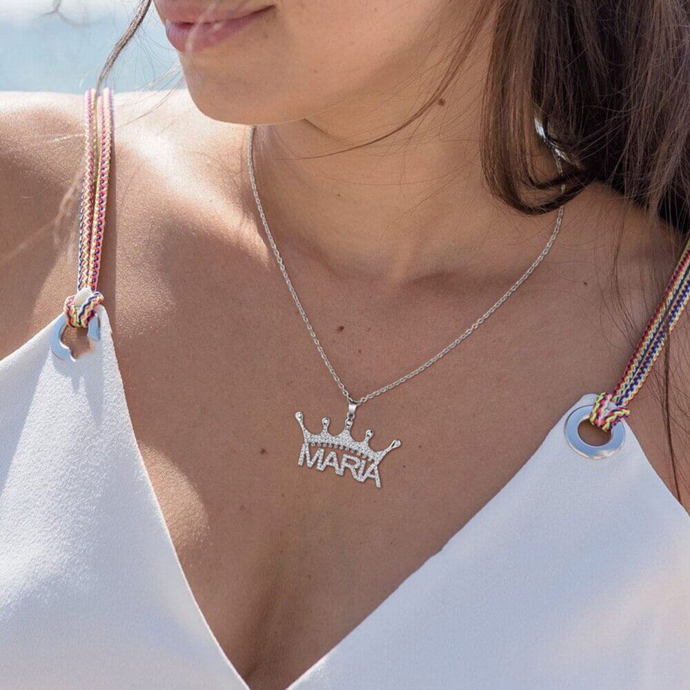 Crown Capital Letter Personalized Custom White Gold Name Necklace with Full Inlaid Zircon