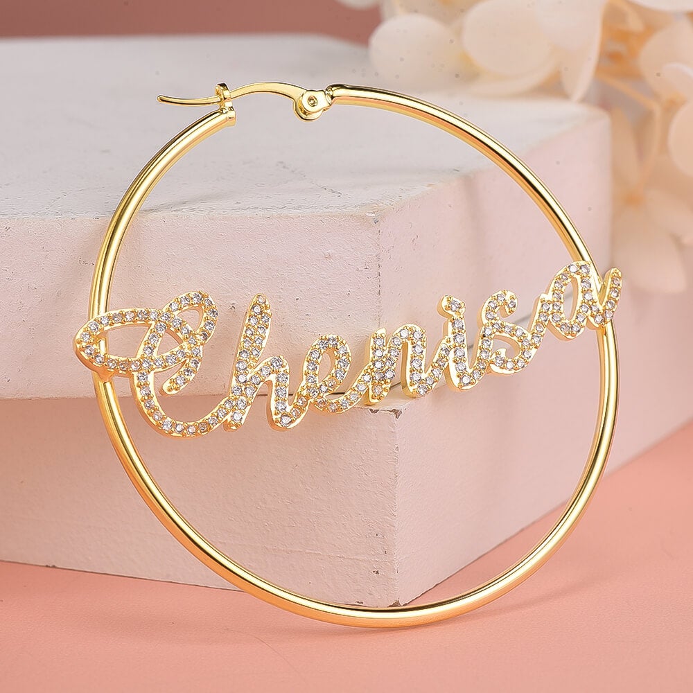 Rhinestone Hoop Name Earrings Personalized Custom Gold Plated