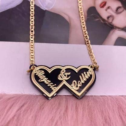 Acrylic Double Heart Pendant Personalized Custom Gold Plated Name Necklace Couple Gift-silviax