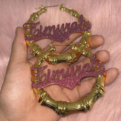 Purple Color Nameplate with Heart Personalized Bling Bamboo Name Earrings