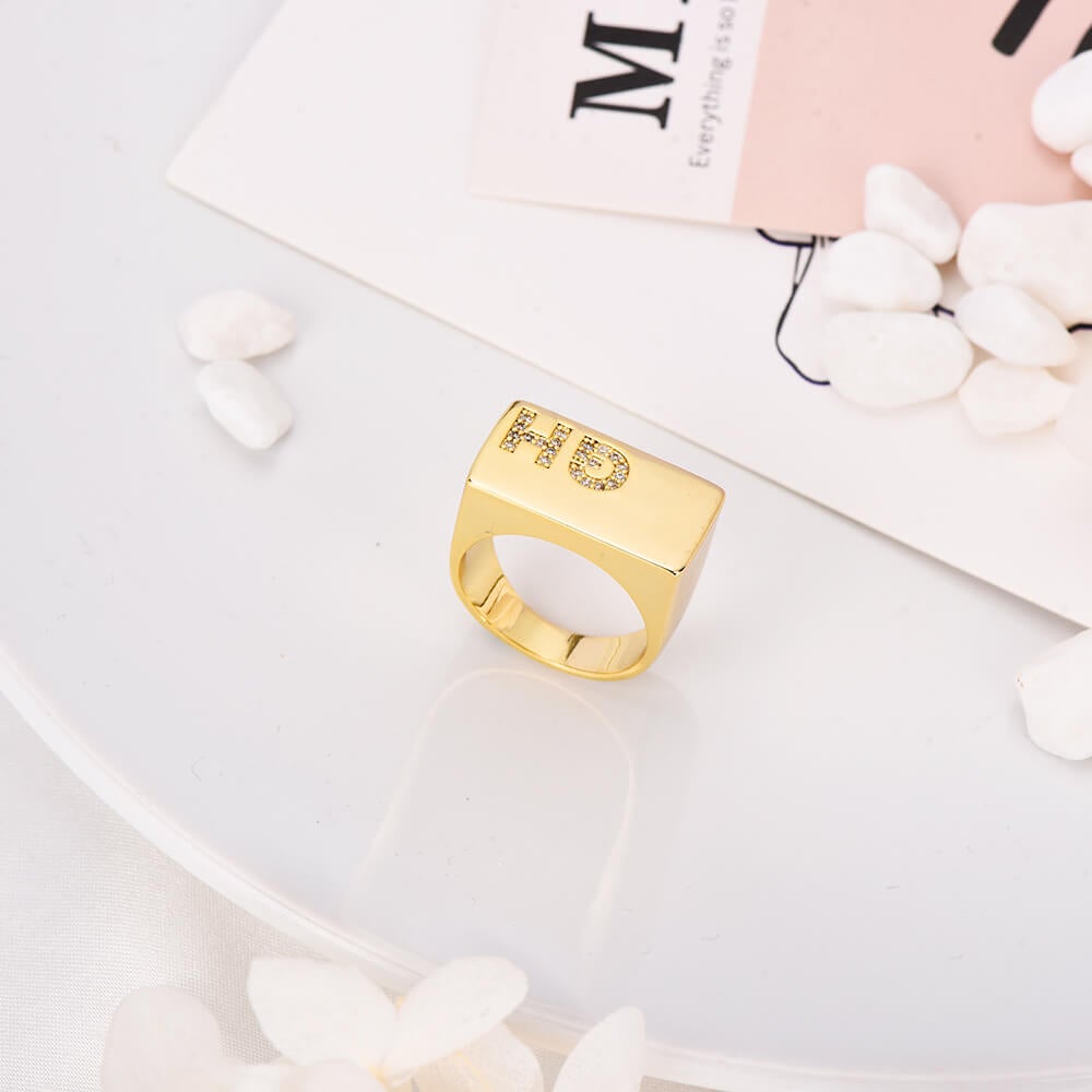 Initial Letter Inlaid Zircon Personalized Custom Gold Plated Initial Ring-silviax