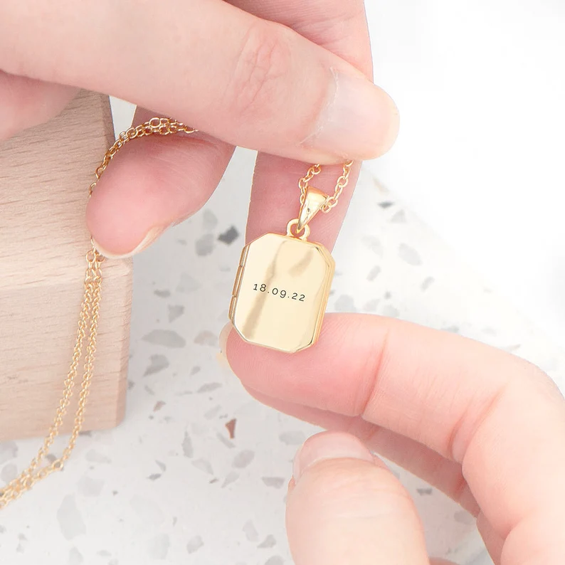 Personalized Gold Plated Rectangular Photo Locket Custom Photo Name &amp; Date Necklace Anniversary Gift-silviax