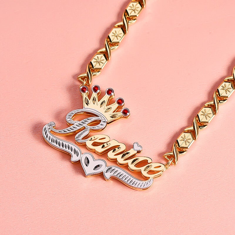 Double Layer Two Tone Ruby Crown Heart with XOXO Chain Personalized Custom Gold Plated Name Necklace-silviax