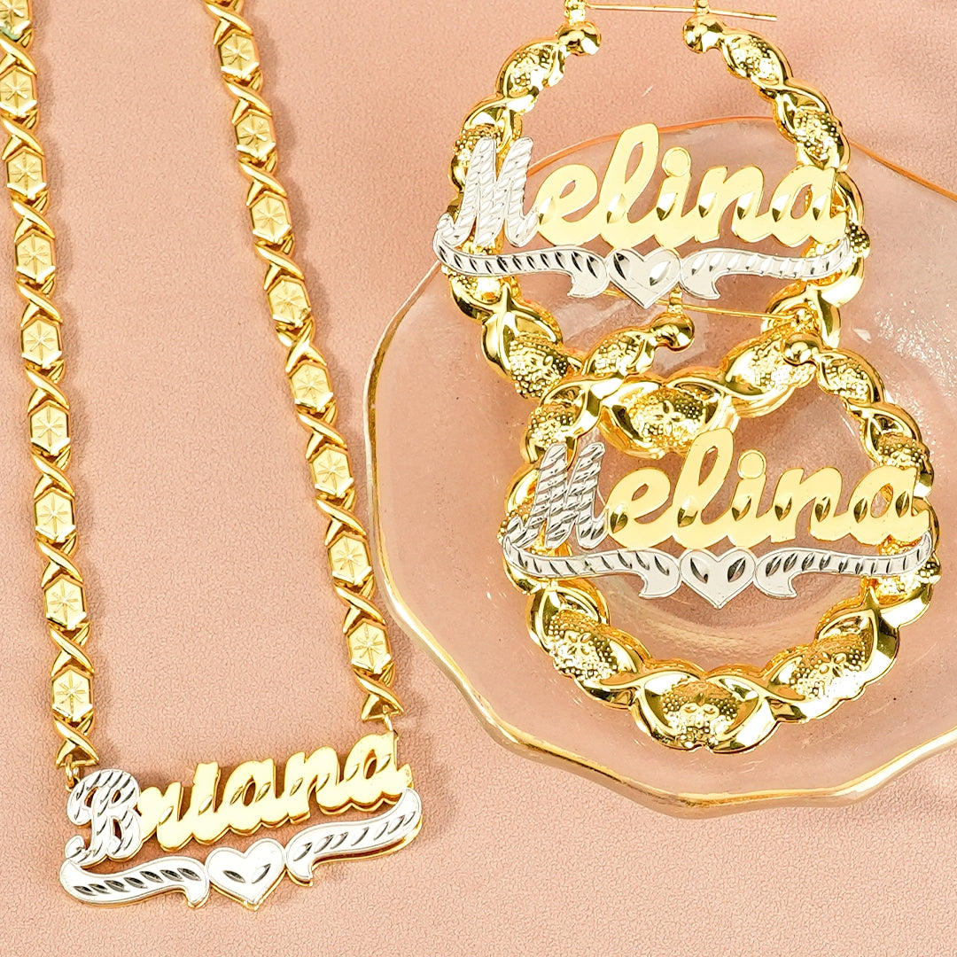 Two Tone Personalized Custom Gold Plated Double Layer XOXO Chain Name Necklace and XOXO Bamboo Name Earrings Set