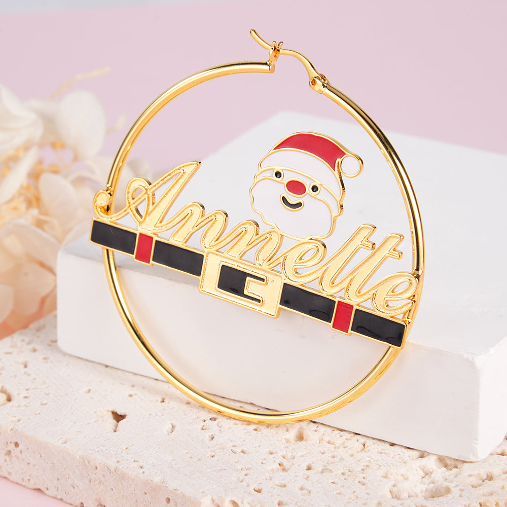 Cartoon Christmas Father Santa Nameplate Hoop Earrings Gold Plated Name Earrings