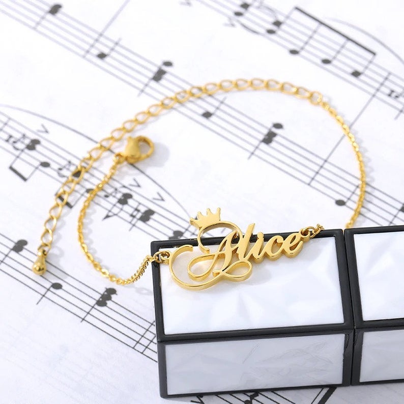 Crown Personalized Custom Gold Plated Name Anklet