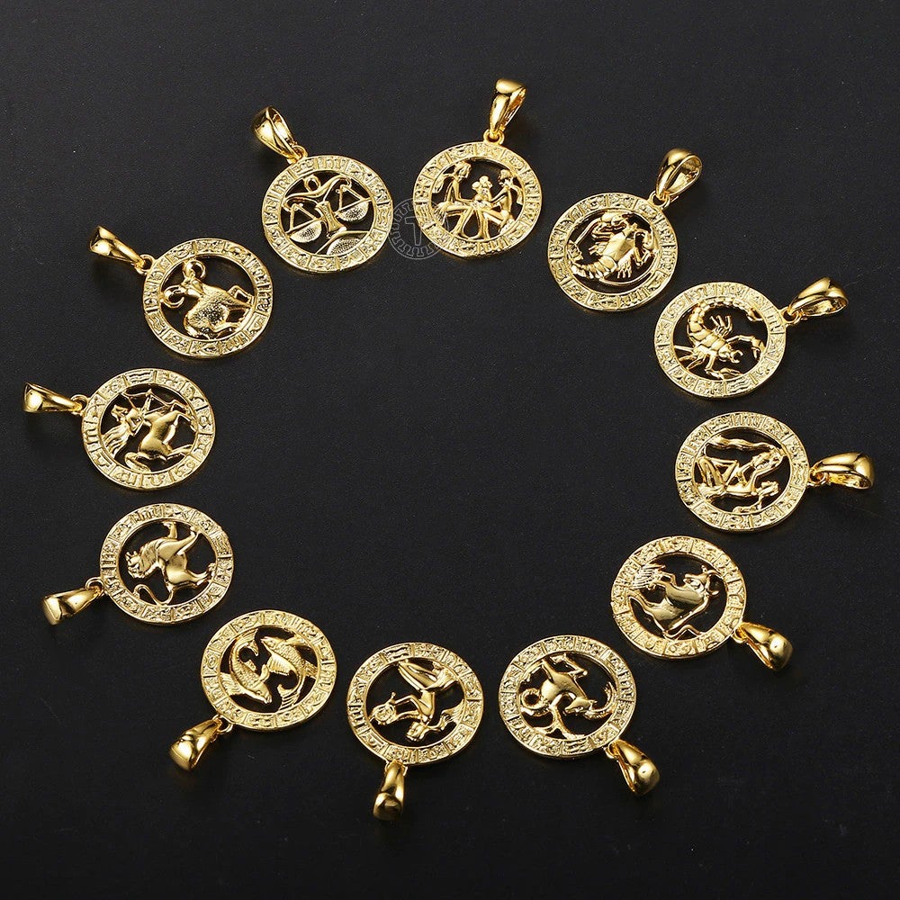 12 Horoscope Round Gold Plated Pendant Necklace-silviax