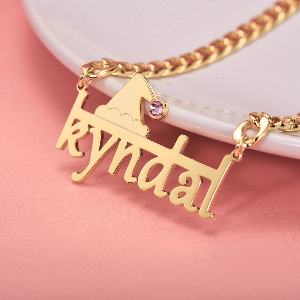 Christmas Hat With Birthstone And Horizontal Line Cuban Chain Personalized Custom Gold Plated Name Necklace-silviax