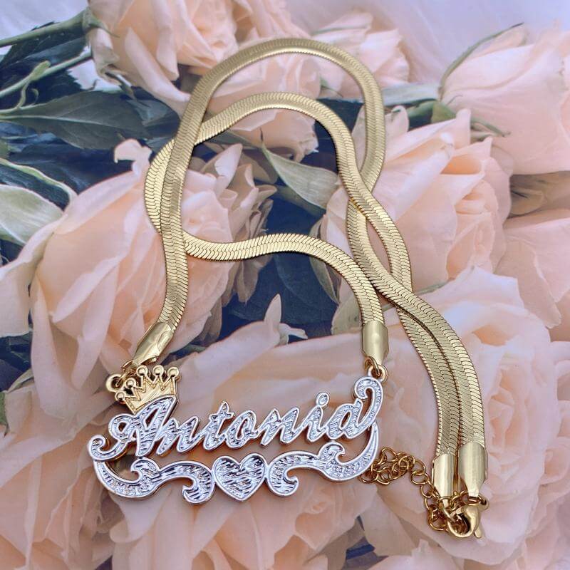 Double Layer Two Tone Crown Heart with Snake Chain Personalized Custom Gold Plated Name Necklace-silviax