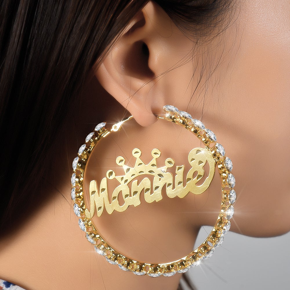 Gold Plated Personalized Hoop Name Earrings with Crown