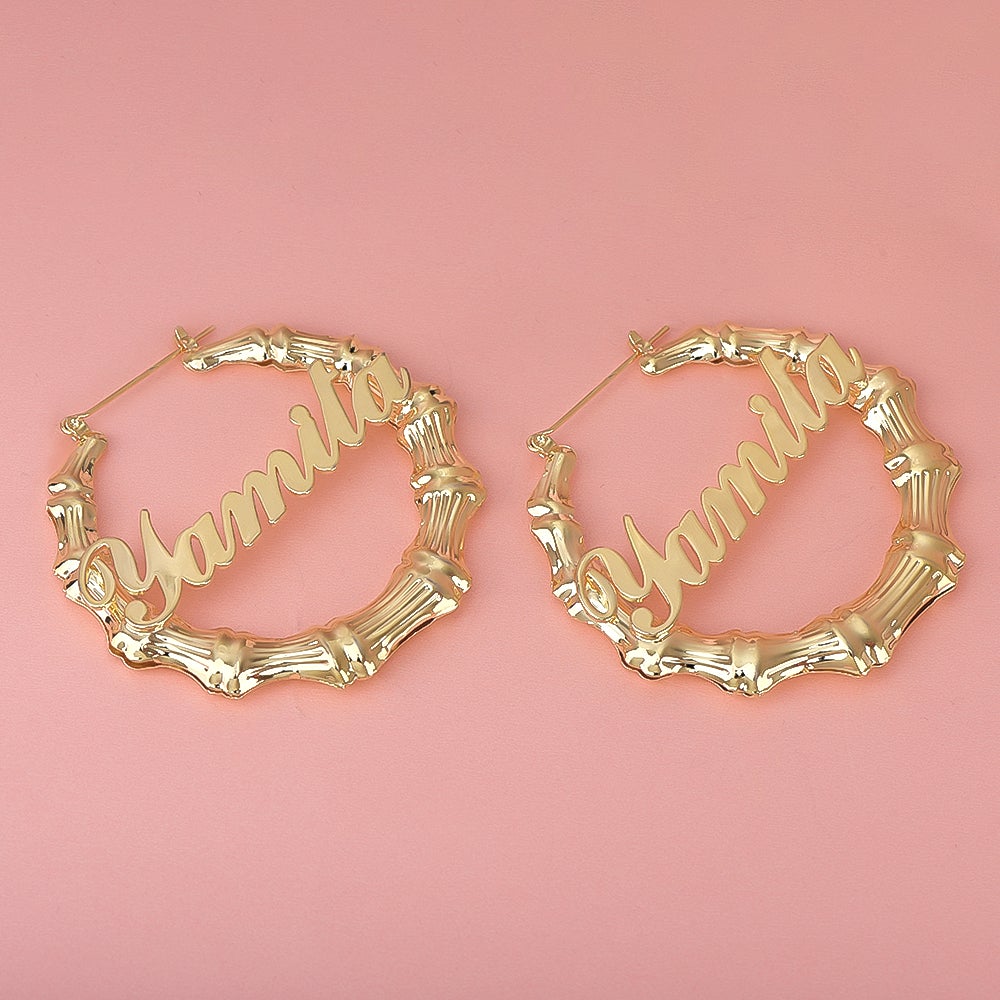 Gold Plated Personalized Custom Bamboo Hoop Name Earrings