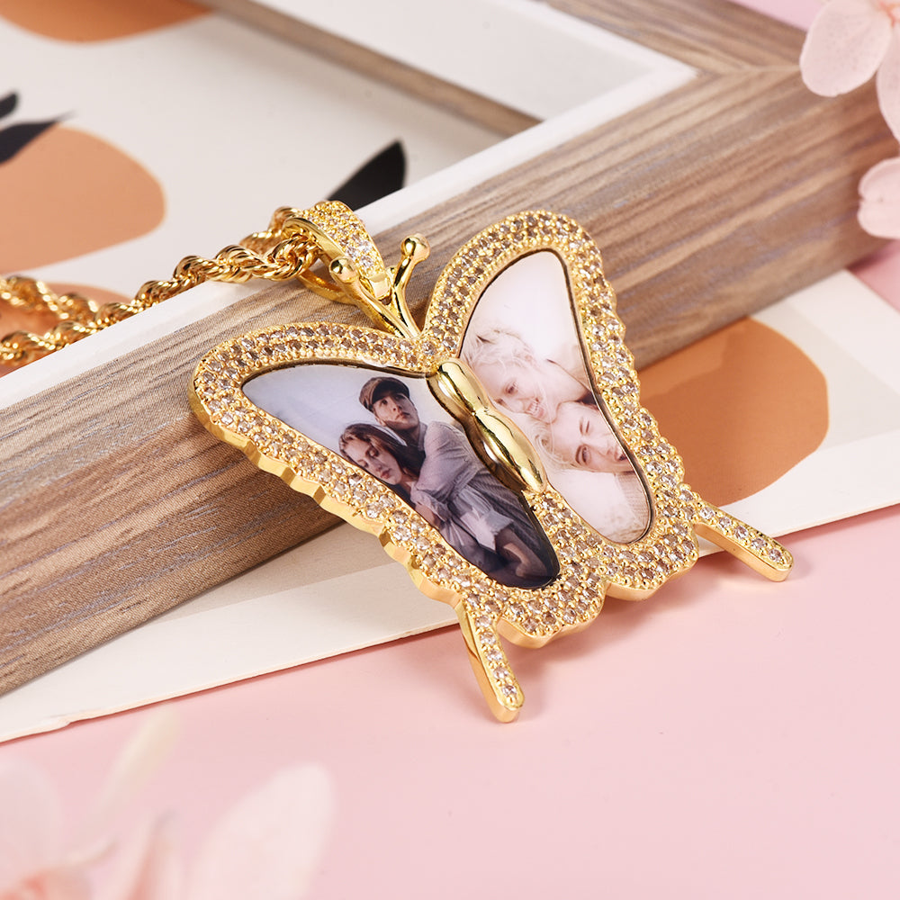 Butterfly Shaped Personalized Gold Plated Two Photo Necklace-silviax