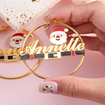 Cartoon Christmas Father Santa Nameplate Hoop Earrings Gold Plated Name Earrings