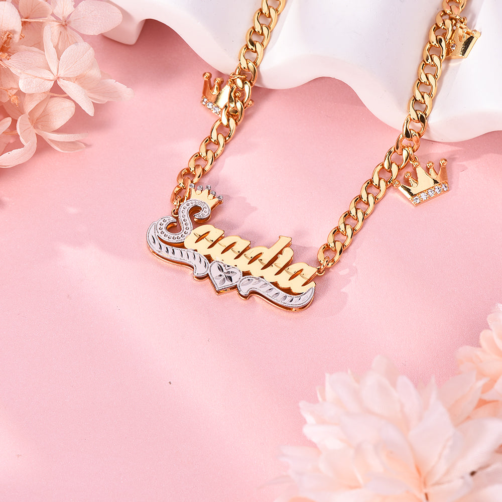 Double Layer Two Tone Crown Heart Cuban Chain With Heart Pendant Personalized Custom Gold Plated Name Necklace-silviax