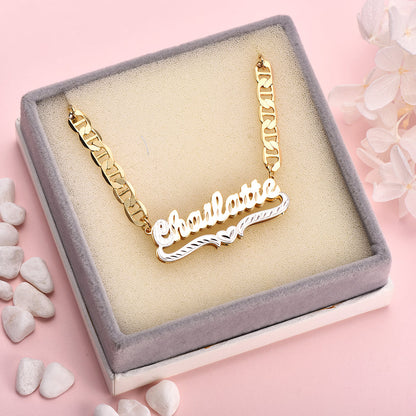 Marine Chain Personalized Double Layer Two Tone Heart Name Necklace-silviax