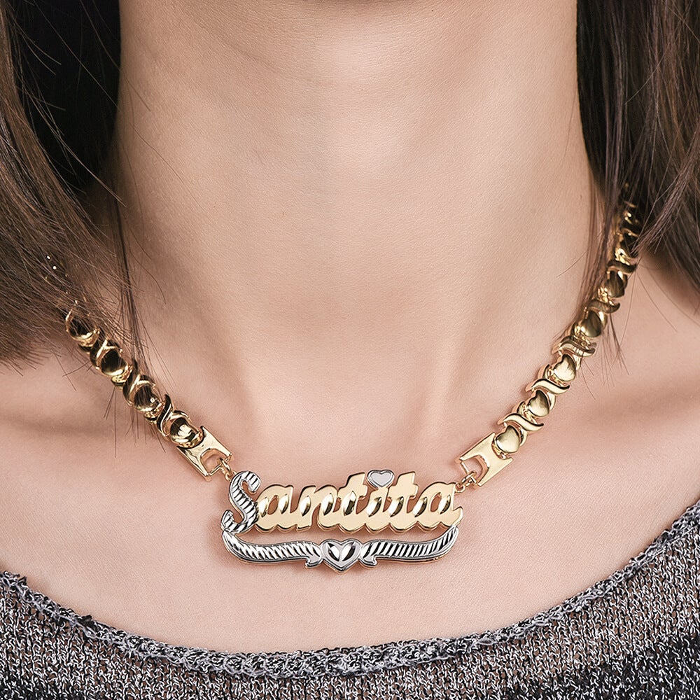 Double Layer Two Tone Heart Personalized Nameplate XOXO Chain Custom Gold Plated Name Necklace-silviax