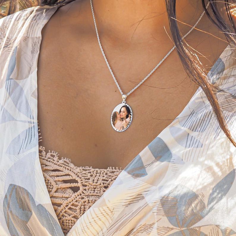 Oval Pendant with Diamond Cut White Gold Personalized Photo Necklace-silviax