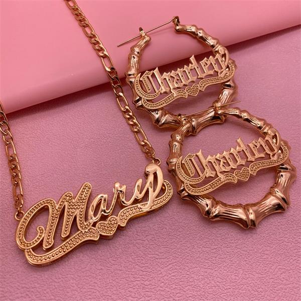 Gold Plated Personalized Name Necklace Old English Nameplate Bamboo Earrings Set-silviax