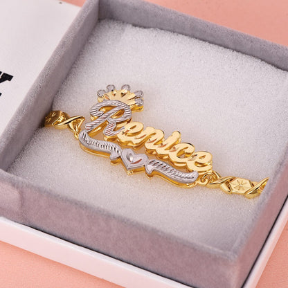 Double Layer Two Tone Crown Nameplate with XOXO Chain Personalized Custom Gold Plated Name Bracelet