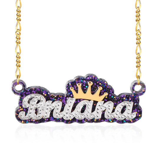 Acrylic Double Plate Two Tone Nameplate with Crown Personalized Custom Gold Plated Name Necklace-silviax