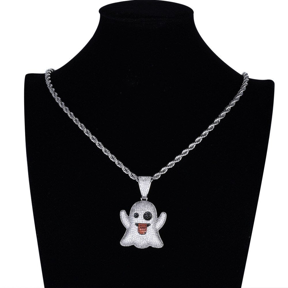 Hip Hop Shiny Emoji Ghost Iced Out Pendant Necklace White Gold Jewelry for Men and Women