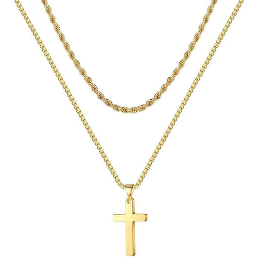 Double Layer Rope Chain Cross Pendant Necklace for Men Women-silviax