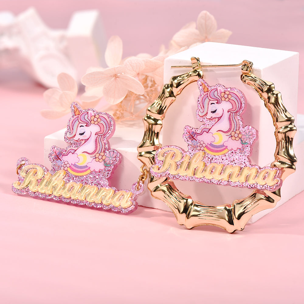 Pink Acrylic Unicorn Nameplate Jewelry Set Personalized Name Necklace and Bamboo Earrings-silviax