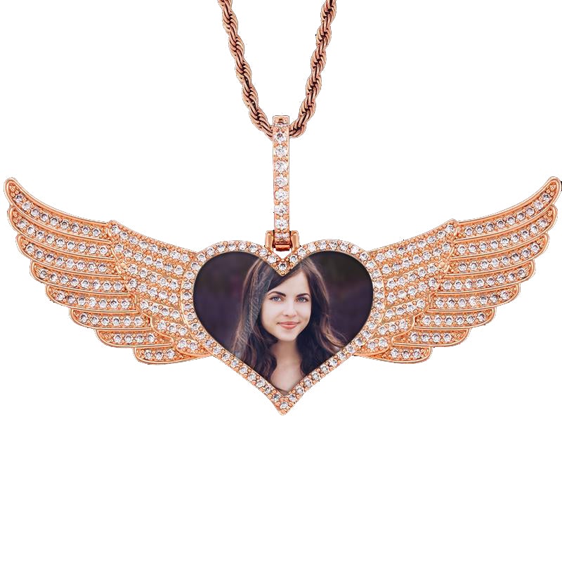 Angel Wings Heart Pendant Photo Necklace Gold Plated-silviax