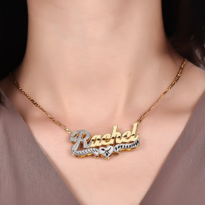 Double Layer Two Tone Heart Nameplate Personalized Custom Gold Plated Name Necklace