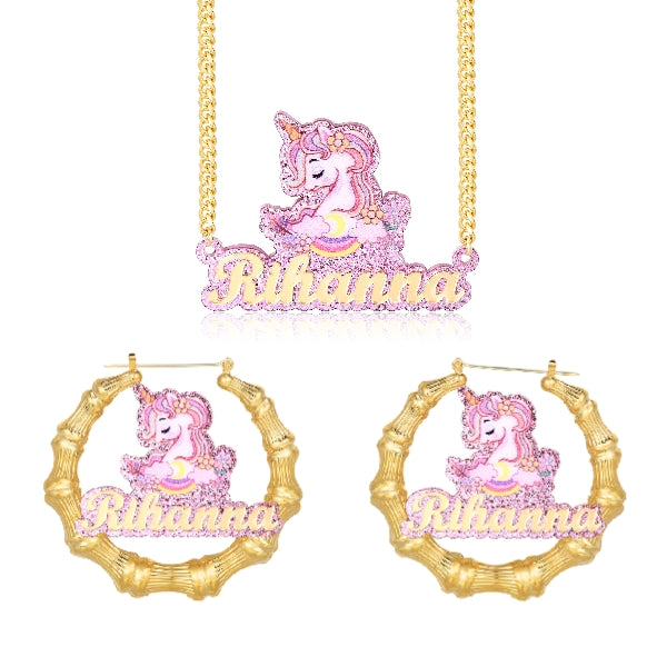 Pink Acrylic Unicorn Nameplate Jewelry Set Personalized Name Necklace and Bamboo Earrings