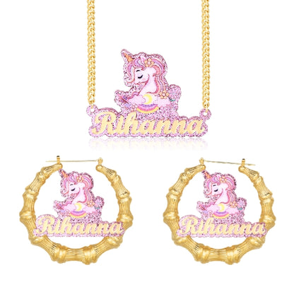 Pink Acrylic Unicorn Nameplate Jewelry Set Personalized Name Necklace and Bamboo Earrings