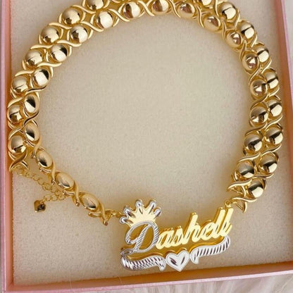 Double Layer Two Tone Nameplate with XOXO Chain and Crown Gold Plated Personalized Custom Name Necklace-silviax