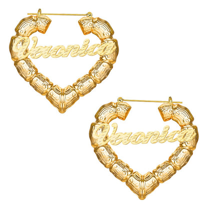 Heart Bamboo Gold Plated Personalized Custom Name Bamboo Earrings