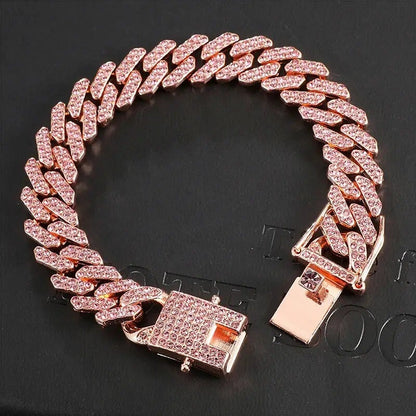 12MM Rose Gold Cuban Chain 2 Row Iced Out Bling Rhinestone Zircon Paved Bracelet-silviax