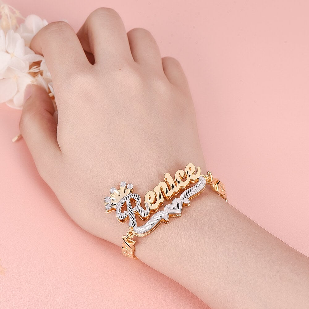 Double Layer Two Tone Crown Nameplate with XOXO Chain Personalized Custom Gold Plated Name Bracelet