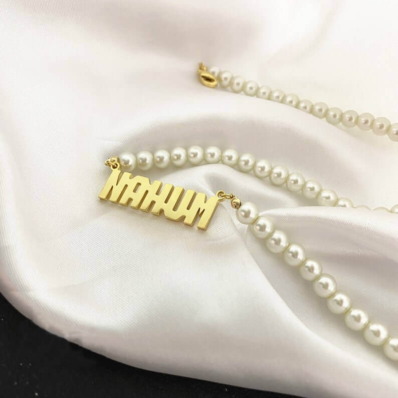 Capital Letter Nameplate Pendant With Pearl Chain Personalized Custom Gold Plated Name Necklace-silviax