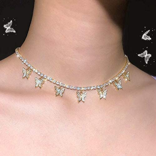 Butterfly Tennis Chain Choker Necklace Gold Plated CZ Iced Out Jewelry for Women