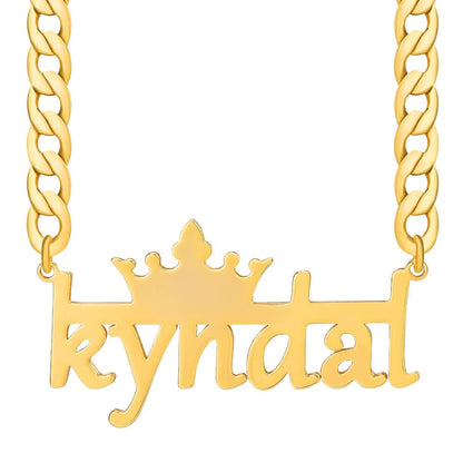 Crown And Horizontal Line With Cuban Chain Personalized Custom Gold Plated Name Necklace