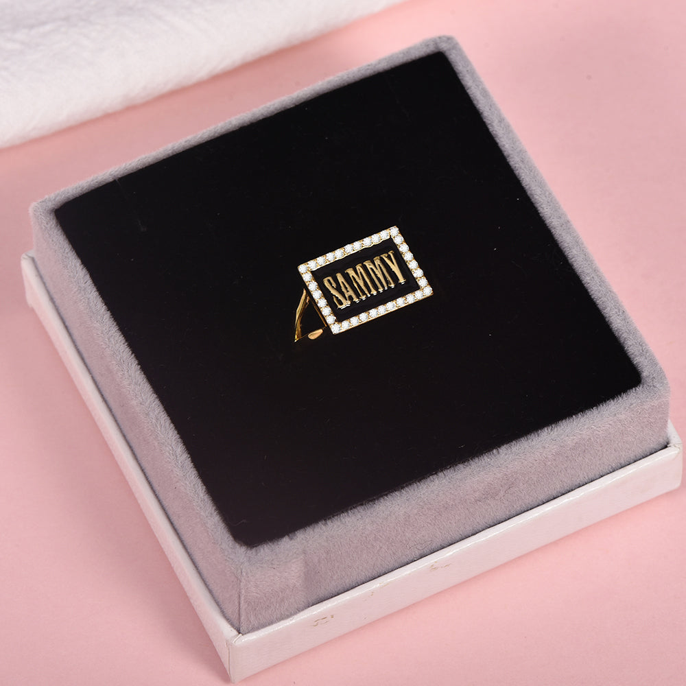 Personalized CZ Rectangle Black Enamel Name Signet Ring-silviax