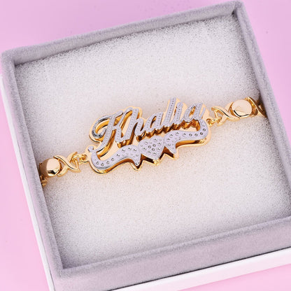 Double Plate Two Tone Heart Nameplate Personalized Custom Gold Plated Name Bracelet XOXO Chain