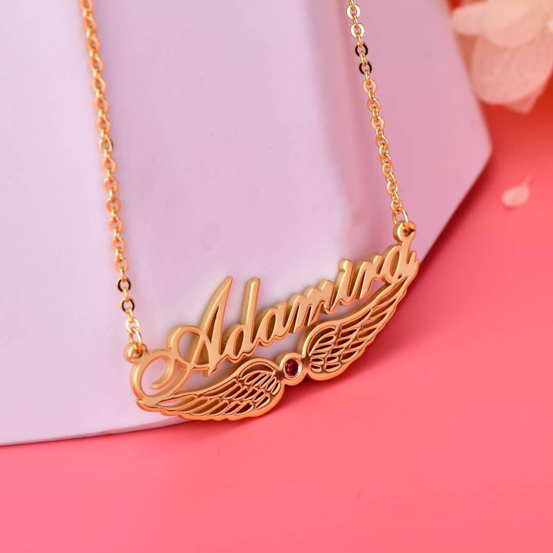 Angel Wing Nameplate Pendant with Birthstone Gold plated Personalized Custom Name Necklace-silviax