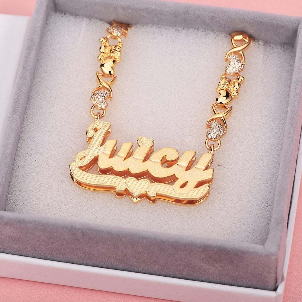 Custom Teddy XOXO Chain Double Layer Heart Name Necklace and Heart Name Bamboo Earrings Set