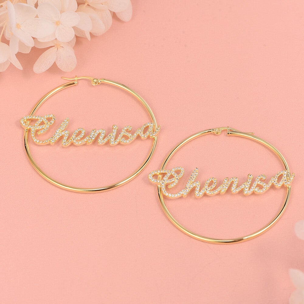 Rhinestone Hoop Name Earrings Personalized Custom Gold Plated