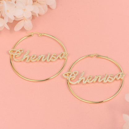 Rhinestone Hoop Name Earrings Personalized Custom Gold Plated