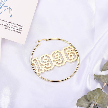 Hollow Number Year Nameplate Personalized Custom Gold Plated 60mm Hoop Earrings