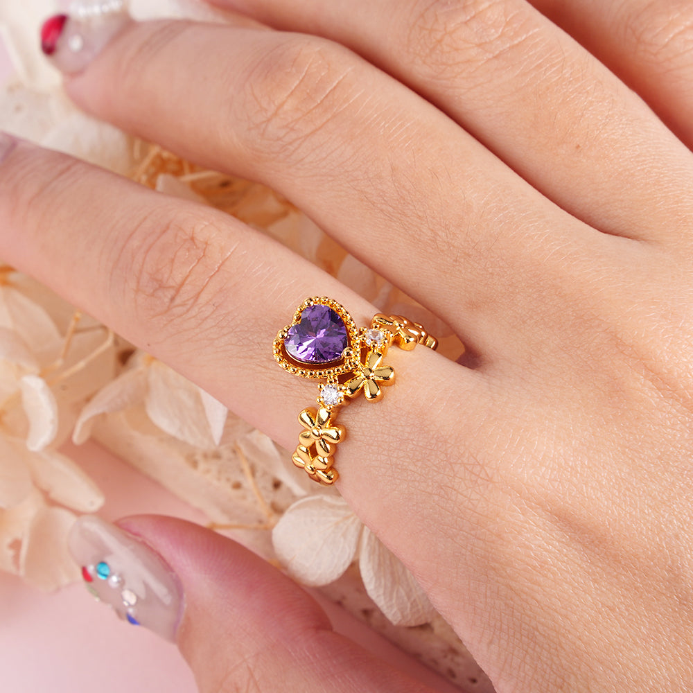 Stunning Heart Ring Personalized Birthstone Ring with Flower