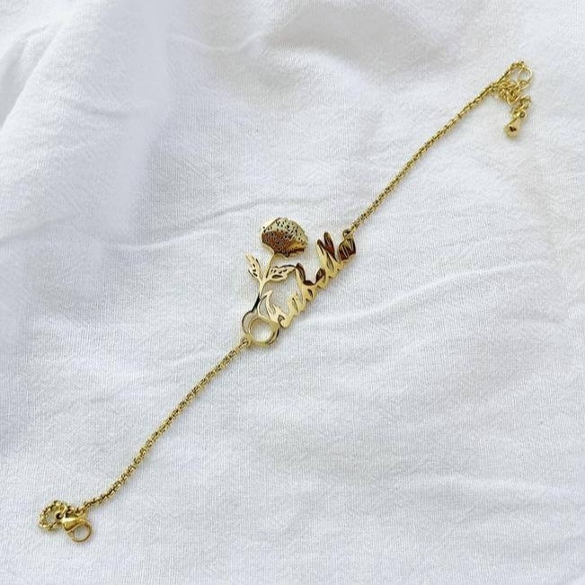 Birth Flower Personalized Custom Gold Plated Name Bracelet-silviax