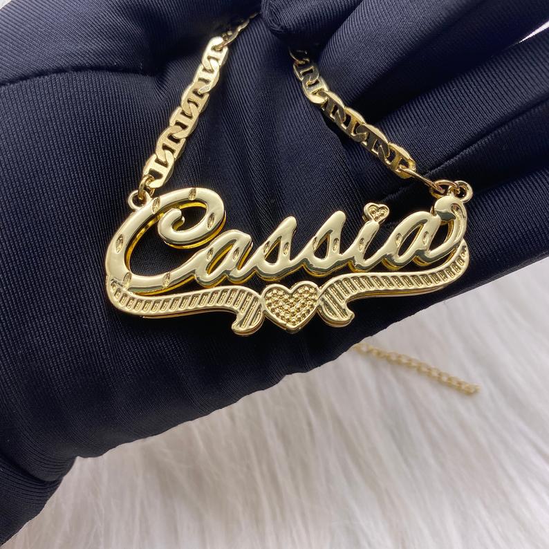 Double Layer Nameplate Heart Personalized Custom Gold Plated Name Necklace-silviax