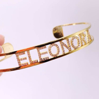 Inlaid Zircon Cuff Bangle Personalized Custom Gold Plated Name Bracelet