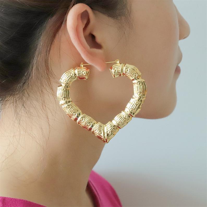 Gold Plated Chunky Bamboo Heart Hoop Earrings-silviax